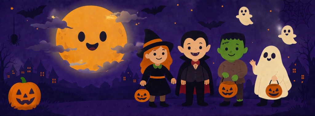 Halloween in Gilze — maan, pompoen en kinderen in kostuum